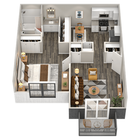 Floor plan for 1 bed, 1 bath, 750 sqft